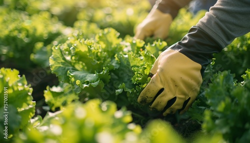 View of farmer's hands in gloves picking lettuce. photo