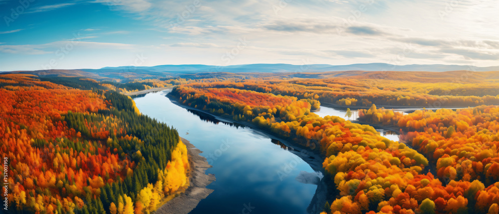 Aerial top drone view from sky to autumn colorful forest
