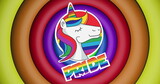 Image of rainbow pride text and unicorn over rainbow circles and colours moving on seamless loop