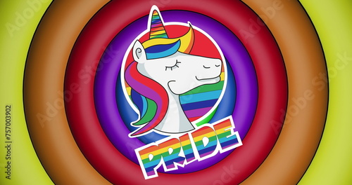 Image of rainbow pride text and unicorn over rainbow circles and colours moving on seamless loop