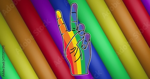 Image of rainbow hand with victory sign, stripes and colours moving on seamless loop