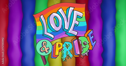 Image of love and pride text over rainbow flag and stripes and colours moving on seamless loop