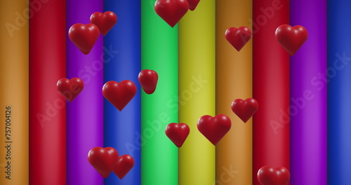 Image of red hearts over rainbow stripes and colours moving on seamless loop