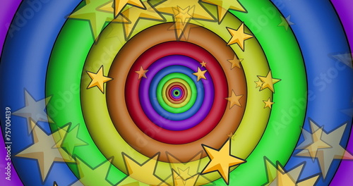 Image of yellow stars over rainbow circles and colours moving on seamless loop