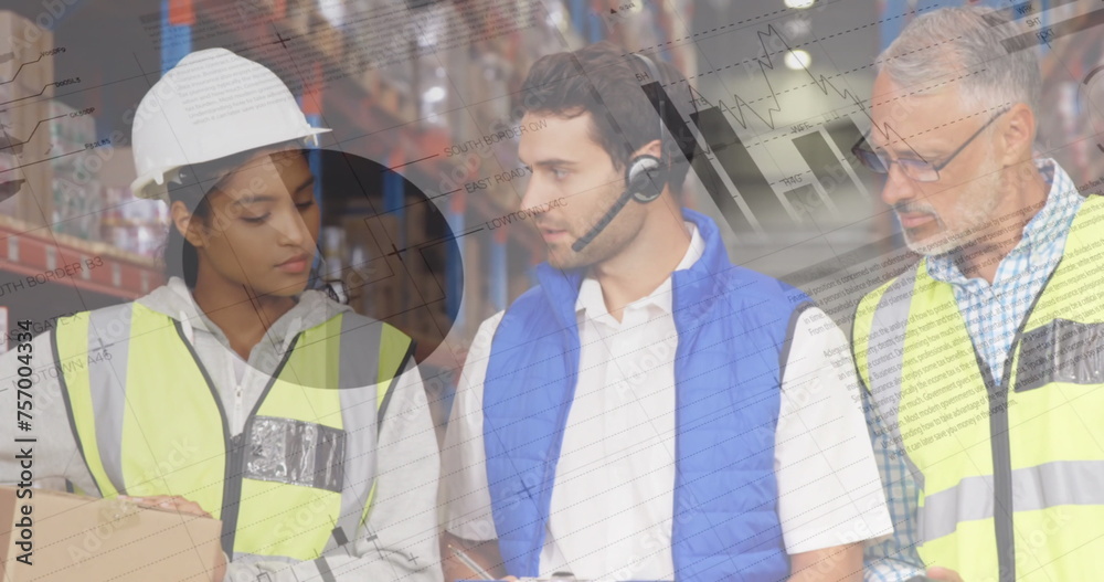 Obraz premium Close up of a Caucasian warehouse manager discussing with his Caucasian workers in the warehouse