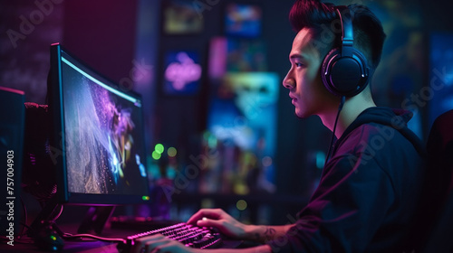 A confident Asian man, Gamer, streamer, Student wearing headphones, playing an online video game on a computer in a game room with neon pink blue lighting, Live streaming. Esports, Technology, concept