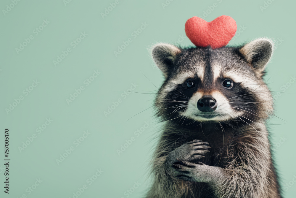 Obraz premium A delightful image features a cute and cheerful raccoon holding a plush heart, set against an isolated pastel green background.