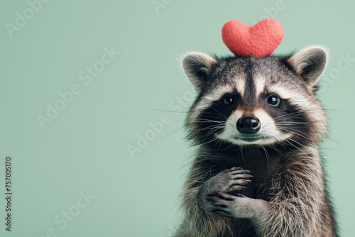 A delightful image features a cute and cheerful raccoon holding a plush heart, set against an isolated pastel green background. © Evgeniia