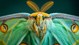 Closeup green Luna Moth, Butterfly with yellow markings on wings.
