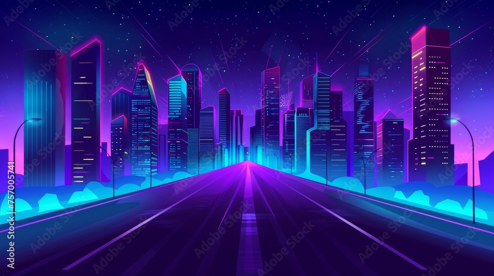 A bright purple cityscape with skyscrapers and streetlights leads from an asphalt highway to an empty city with multistorey buildings and neon lights at night. Cartoon modern landscape with asphalt