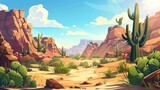 A cartoon modern illustration of a drought sandy scene with wild cacti and grass in Arizona desert scenery with brown rock, sand dune hills, green cactus, and a dry tree on a bright, sunny day.