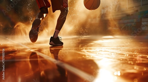 a basketball player dribbling through the court, with the soft natural light creating dramatic highlights and shadows, enhancing the premium and sleek aesthetic photo