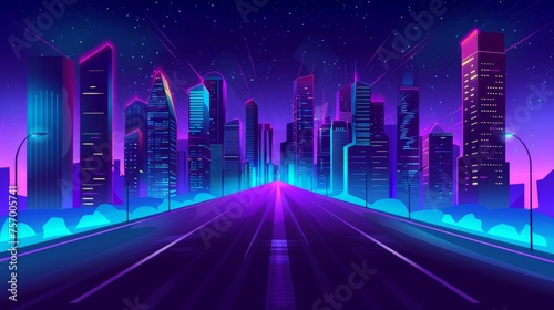 A bright purple cityscape with skyscrapers and streetlights leads from an asphalt highway to an empty city with multistorey buildings and neon lights at night. Cartoon modern landscape with asphalt