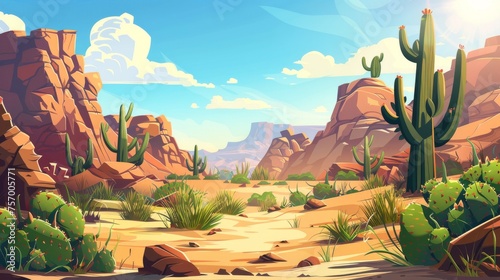 A cartoon modern illustration of a drought sandy scene with wild cacti and grass in Arizona desert scenery with brown rock, sand dune hills, green cactus, and a dry tree on a bright, sunny day. photo