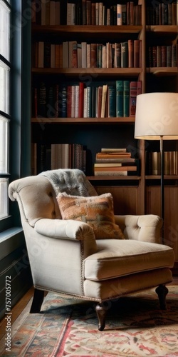 A corner of the living room transformed into a cozy reading nook, adorned with a plush armchair, a stylish floor lamp, and a curated collection of classic novels © Rabil