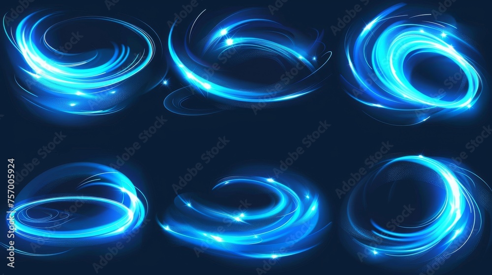 Waved neon elements with swoosh effect in blue light. 3D luminous and shine twirl trail. Magic glowing swirl lines. Waved neon elements with swoosh effect in blue light. 3D luminous and shine twirl trail. Magic glowing swirl lines.