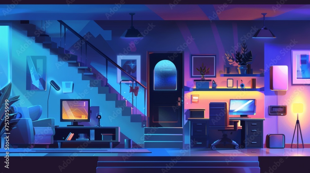 Horizontal interior of one or more houses at night. The house or apartment includes an entrance door, stairs, a home office workplace with a computer on a desk, and a lounge area with a sofa,