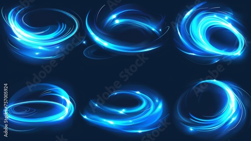 Waved neon elements with swoosh effect in blue light. 3D luminous and shine twirl trail. Magic glowing swirl lines.