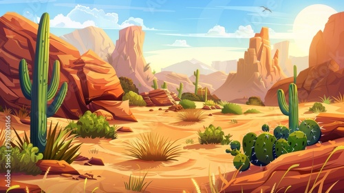 On a bright sunny day, brown rock, sand dunes, green cactus and grass and a dry tree are shown in an Arizona desert landscape. A cartoon modern illustration of the scene depicts wild cacti and grass photo