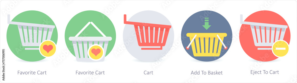 A set of 5 Shopping icons as favorite cart, cart, add to basket A set of 5 Shopping icons as favorite cart, cart, add to basket