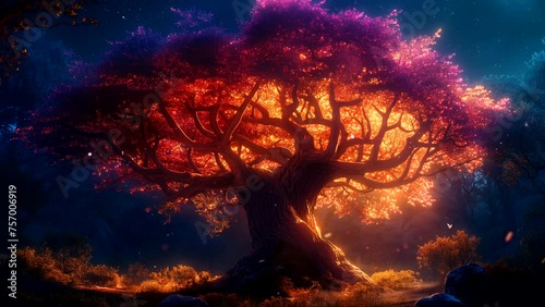 Magic trees light up with colorful lights in a magical forest. seamless looping 4k time-lapse animation video background