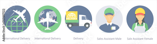 A set of 5 Shopping icons as international delivery, delivery, sale assistant male