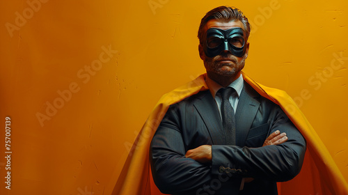 a business man with a mask and a cape on solid color background with copyspace