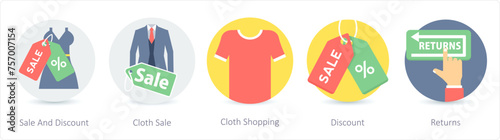 A set of 5 Shopping icons as sale and discount, cloth sale, cloth shopping