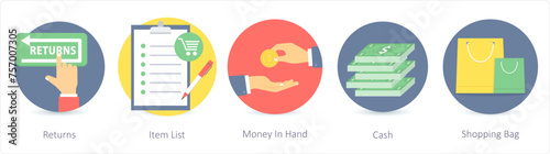 A set of 5 Shopping icons as returns, item list, money in hand