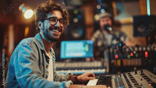 Portrait of male sound producer working on mixing console in recording studio.