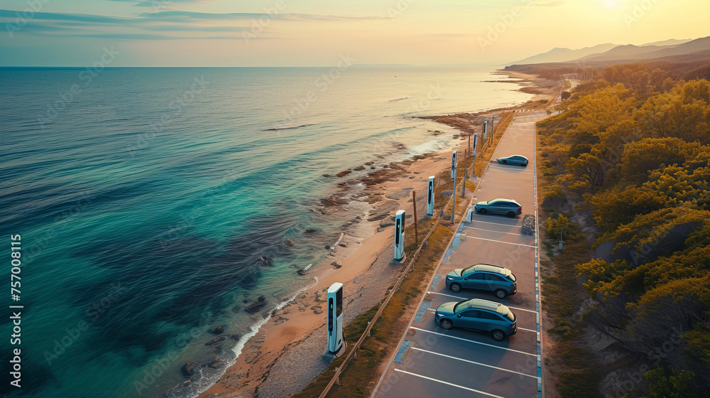 Electric cars are parked and charged on a seashore