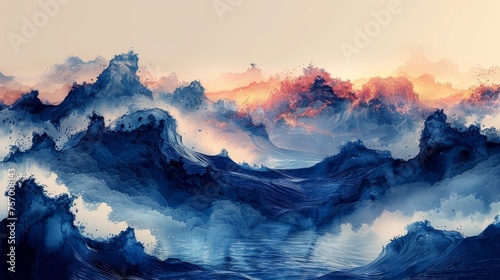 An abstract art landscape banner design with watercolor texture modern. It has a blue, black, and white brush stroke texture. © Mark