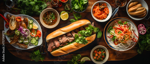 Assorted Vietnamese dishes with pho, banh mi, spring rolls