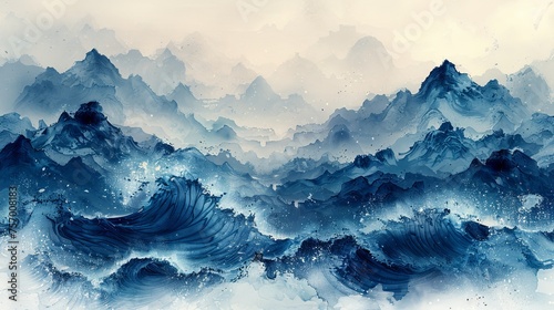 In the style of a vintage textile, a blue brush stroke texture has been applied to a Japanese ocean wave pattern in a vintage style. Abstract art landscape banner design featuring watercolor texture