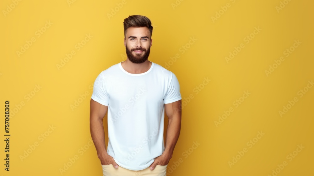 Young man with beard in white t-shirt on yellow background. Mockup of t-shirt. Young man with beard in white t-shirt on yellow background. Mockup of t-shirt.