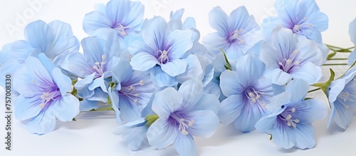 A beautiful display of electric blue flowers with purple centers on a white background  creating a vibrant and colorful scene. The flowering plants add a pop of color to any event or garden