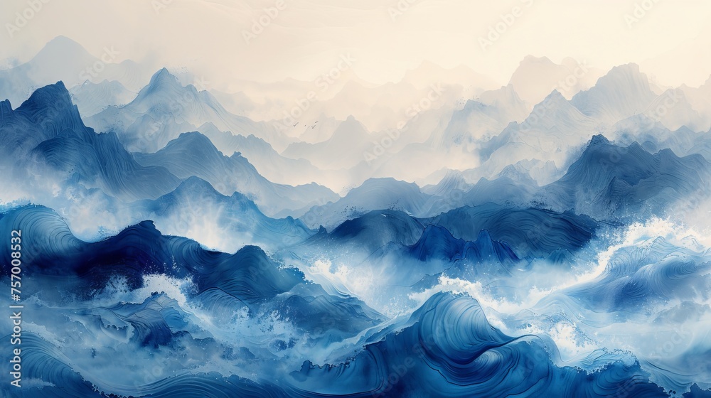 A blue brush stroke texture with Japanese ocean wave pattern in a vintage style. A landscape banner with watercolor texture.