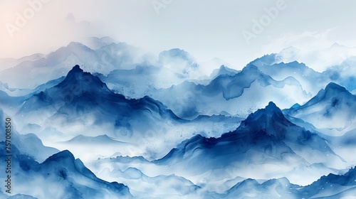 Modern abstract art landscape banner design with watercolor texture. Vintage Japanese ocean wave pattern with blue brush strokes.