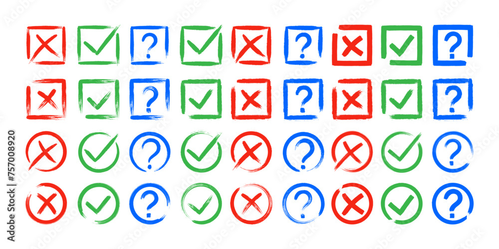 Dirty grunge cross x, tick OK and question check marks in check boxes, hand drawn with brush strokes vector illustration isolated on white background. Question mark, symbol NO, YES web button for vote