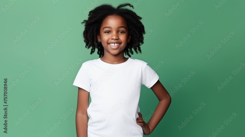 Young girl in white t-shirt on green background. Mockup of t-shirt. Young girl in white t-shirt on green background. Mockup of t-shirt.