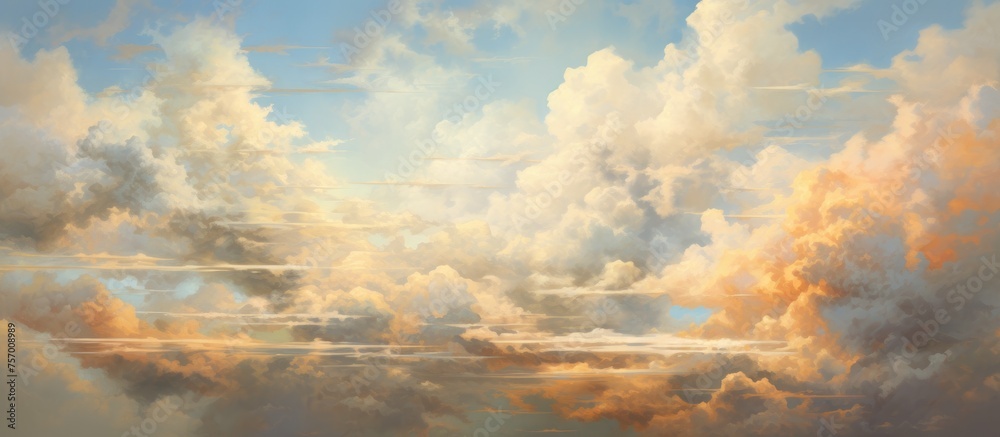 An art piece depicting a cloudy sky with the sun peeking through the cumulus clouds, creating a stunning natural landscape with a warm atmosphere and a beautiful horizon An art piece depicting a cloudy sky with the sun peeking through the cumulus clouds, creating a stunning natural landscape with a warm atmosphere and a beautiful horizon