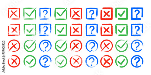 Dirty grunge cross x, tick OK and question check marks in check boxes, hand drawn with brush strokes vector illustration isolated on white background. Question mark, symbol NO, YES web button for vote