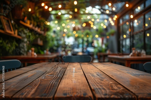 A wooden table with a view of a restaurant. Advertising background
