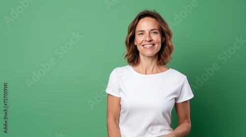 Woman in white t-shirt on green background. Mockup of t-shirt.