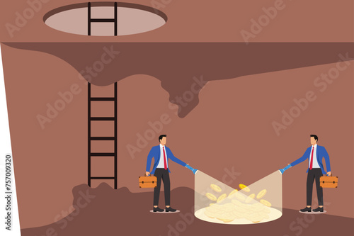 Coins under the torch, Find a lot of money with a flashlight, Businessman