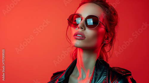 a cool business woman with sunglasses and a leather jacket on solid color background with copyspace