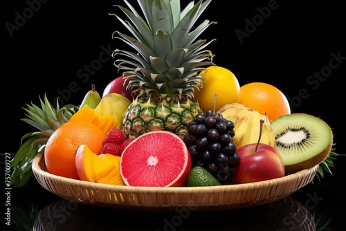 Assortment of fresh fruits in decorative basket - vibrant display of colorful and textured fruits