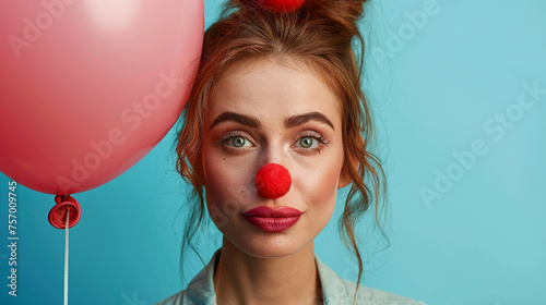 a funny business woman with a clown nose and a balloon on solid color background with copyspace