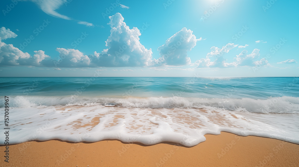 Beautiful seascape with sandy beach and blue sky with clouds - obrazy, fototapety, plakaty 