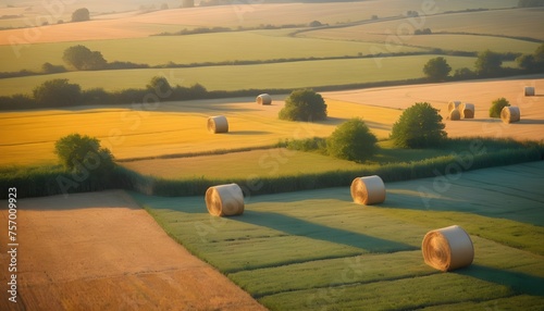 A patchwork of colorful fields dotted with hay bales, illuminated by the soft morning light.